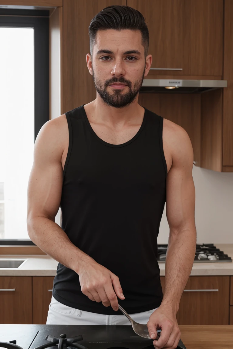 Real image of a Turkish model man with short black hair athletic body looking towards the camera, shady beard cut, wearing a sleeveless t-shirt. cooking in the kitchen, window light.