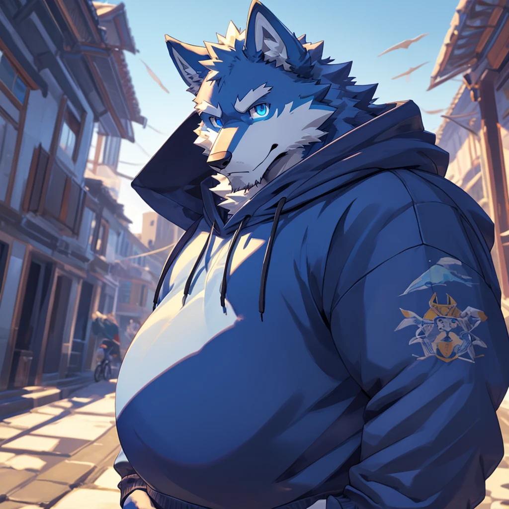 bynamic angle,depth of field, motion blur, absurdres,looking at viewer, (best quality), (masterpiece), (ultra detailed),(detailed eyes),sharp focus,manga,anthro male Blue Wolf,(muscular),Huge Chest , Big belly ,((sweatshirt)),sky blue eyes,handsome