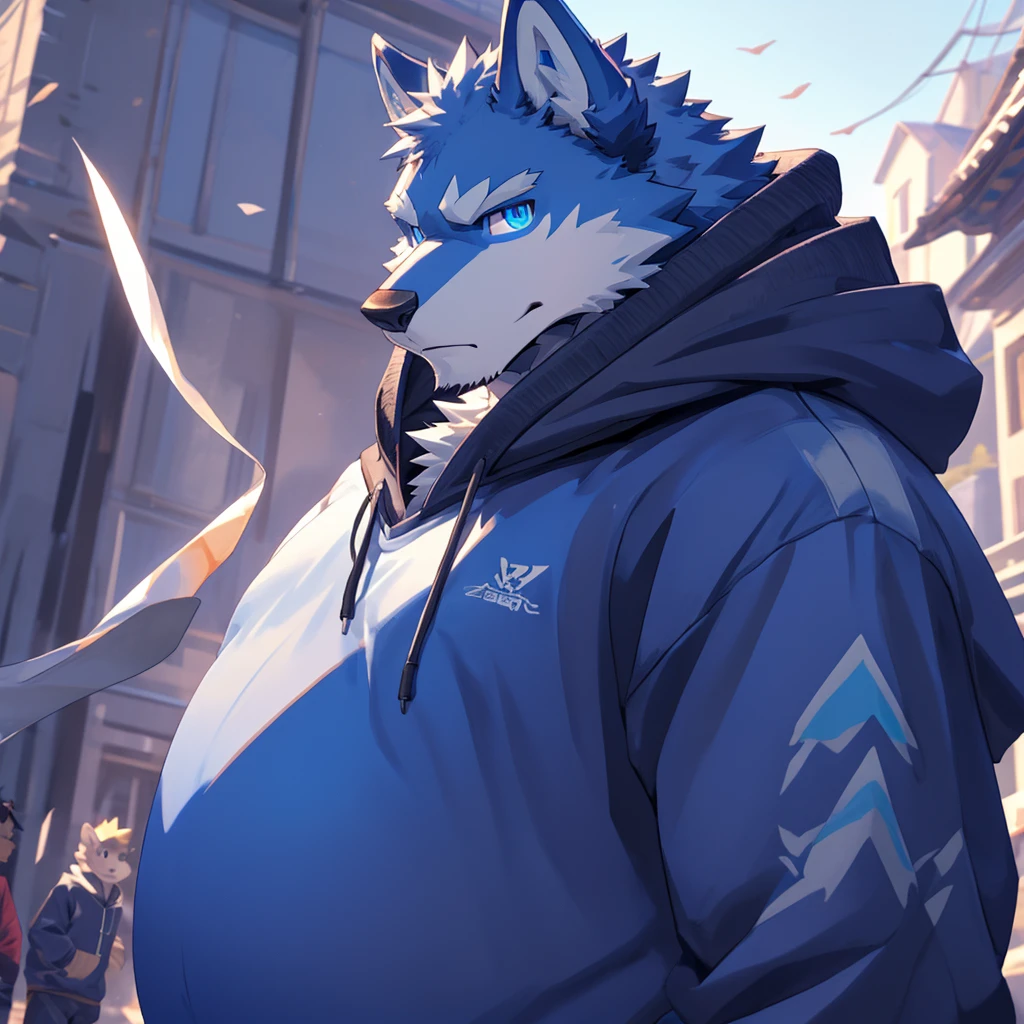 bynamic angle,depth of field, motion blur, absurdres,looking at viewer, (best quality), (masterpiece), (ultra detailed),(detailed eyes),sharp focus,manga,anthro male Blue Wolf,(muscular),Huge Chest , Big belly ,((sweatshirt)),sky blue eyes,handsome