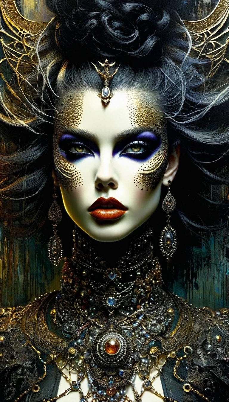 (Masterpiece:1.2, best quality), (Actual image, intricate details), (1 lady, solo, curvy upper body, large ) The clothes are golden.:close-up,close-up,Experiment with the appearance: curls,dramatic makeup,Unconventional fashion choice behavior:rebellion、nonconformist、Provocation location:demon eyes,urban art district、Underground music venues Hobbies:Participating in punk shows、creating mixed media art、Try different subcultural values:individuality、truth、Creative expression of inspiration.:punk rock music、counterculture icons,Character traits of avant-garde art movement:audacity、boldness、acting outside the box。dark gothic atmosphere (art inspired by Bill Sienkiewicz, intricate details, oil painting)
