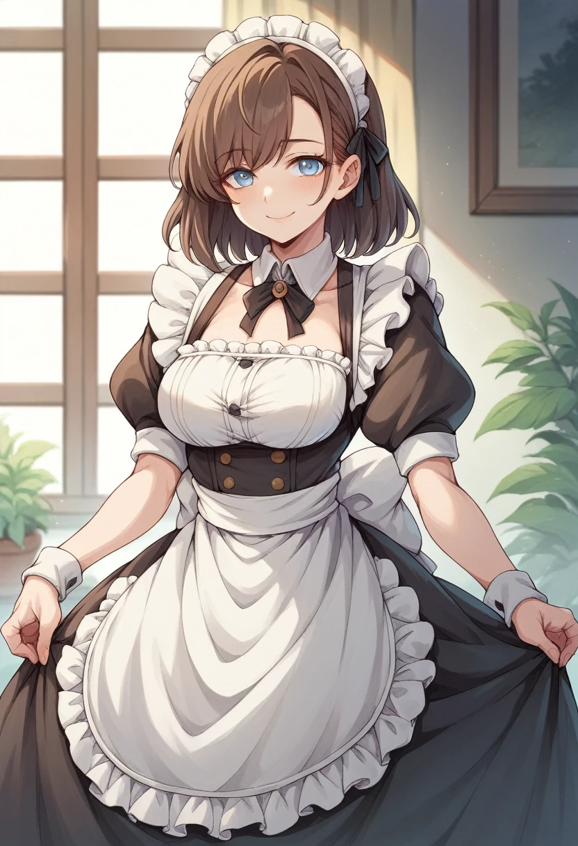 Anime art style, dark brown hair, light blue eyes, pale skin, 'sexy' MaiD clothes, gentle perverted smile, hoT girl