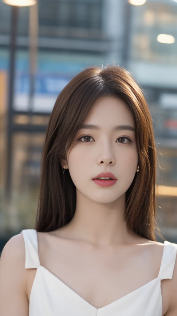 ((realistic lighting, best quality, 8K, masterpiece: 1.3)), Concentrate upon: 1.2, 1 woman, perfect look: 1.4, slim abs: 1.1, ((dark brown hair)), (white dress: 1.4), (outdoor, night: 1.1), city street, super fine face, good eyes, double eyelid,