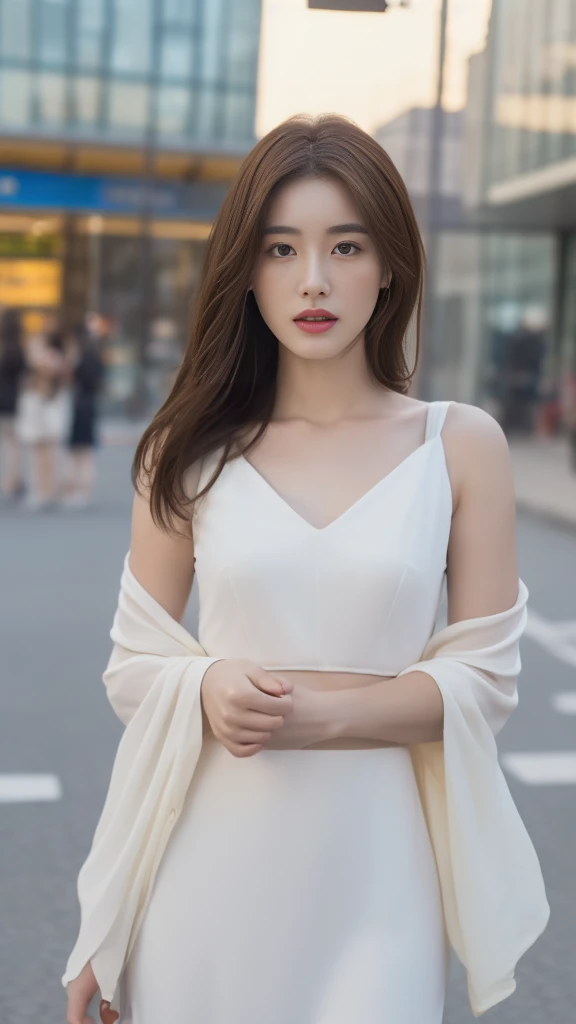 ((realistic lighting, best quality, 8K, masterpiece: 1.3)), Concentrate upon: 1.2, 1 woman, perfect look: 1.4, slim abs: 1.1, ((dark brown hair)), (white dress: 1.4), (outdoor, night: 1.1), city street, super fine face, good eyes, double eyelid,