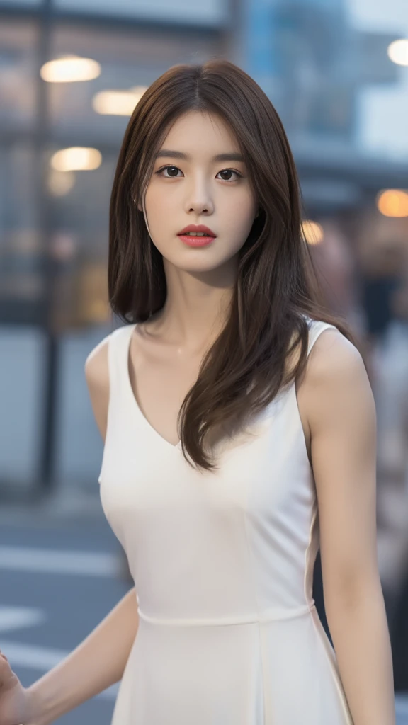 ((realistic lighting, best quality, 8K, masterpiece: 1.3)), Concentrate upon: 1.2, 1 woman, perfect look: 1.4, slim abs: 1.1, ((dark brown hair)), (white dress: 1.4), (outdoor, night: 1.1), city street, super fine face, good eyes, double eyelid,