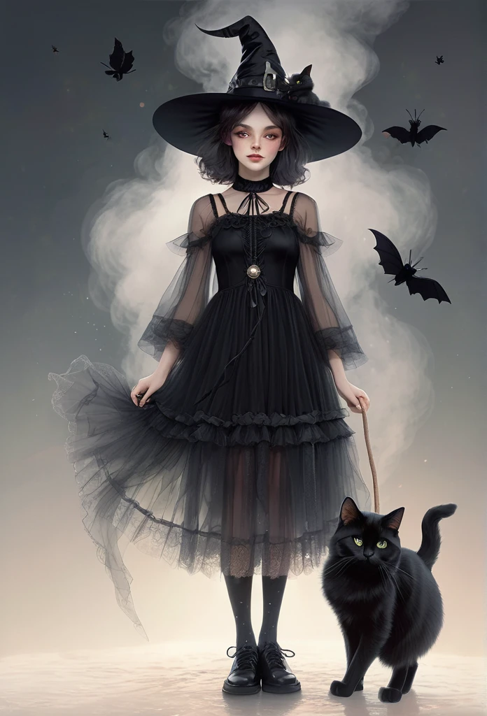 witch girl,full body,short tulled dress, translucent socks,shoes, hugging a beautiful furry black cat,mist background,(high quality),(refined details),(delicate details),(fantasy illustration)