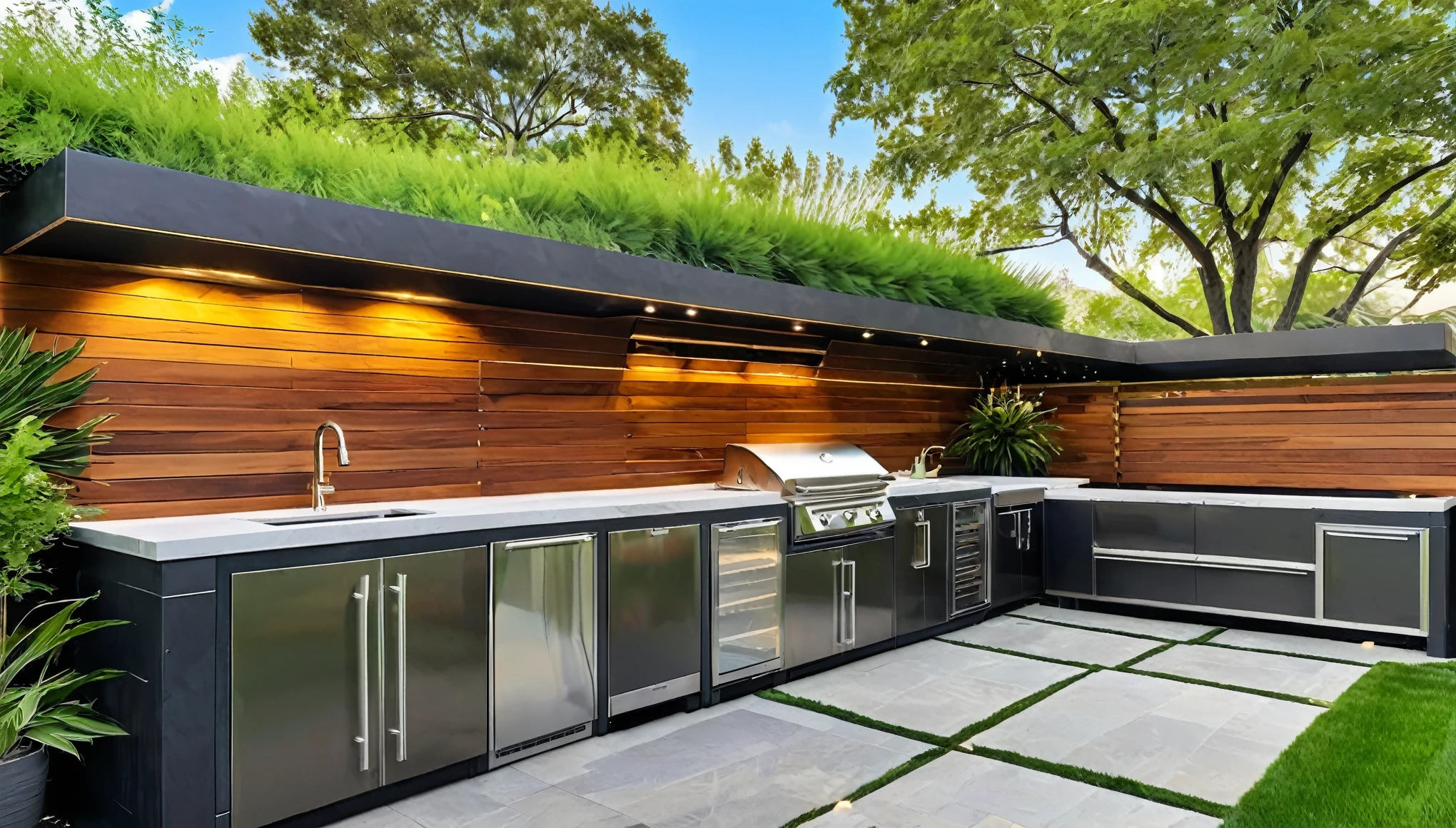 Generate an image of the outdoor space, seamlessly extending the modern marvel's aesthetics. Showcase a futuristic outdoor kitchen, smart landscaping, and entertainment areas that harmonize with nature.