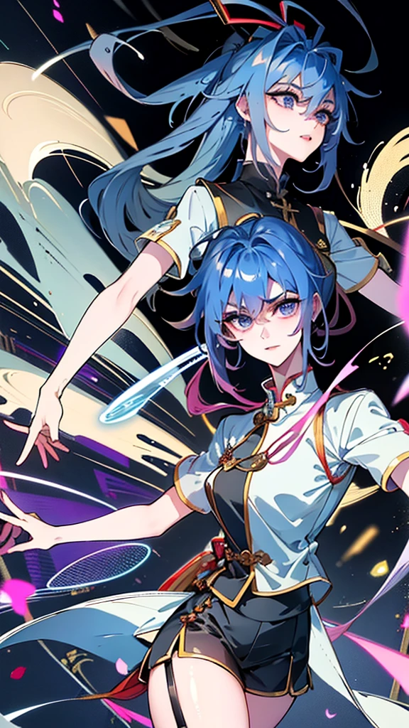 Masterpiece, Best quality, just 1 Tang Wu Tong hold the microphone and singing, the expression is cold, strong, blue eyes, short hair, wolfcut hairstyle, smoky mix blue color hair, resolute eyes, red lips, simple Taoist Taoist uniform, Chinese mix morden, frontal photo, black or white background, simple background, anime, illustration, Chinese purple short-sleeved shirt, simple background, black background