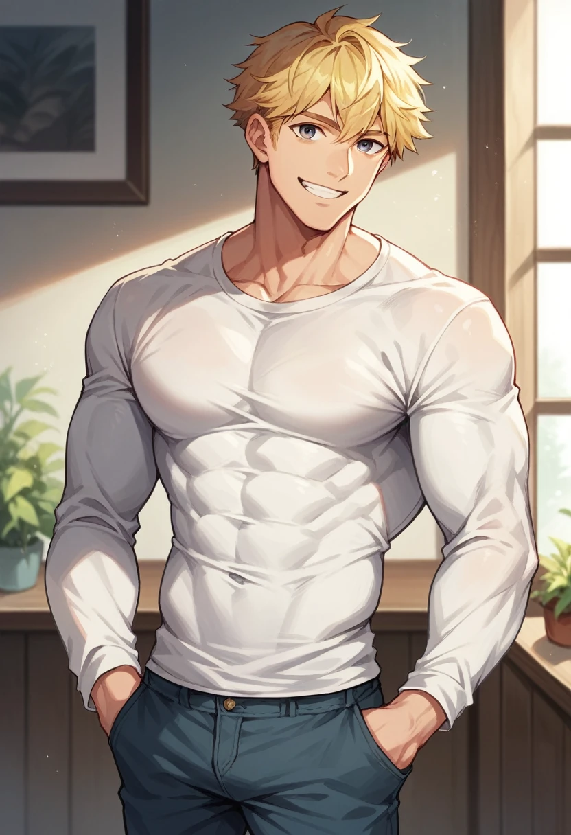 score_9, score_8_up, score_7_up, score_6_up, 1boy, solo, straight hair, short hair, blonde hair, muscular, white shirt, long sleeves, pants, indoors, standing, looking at viewer, smile