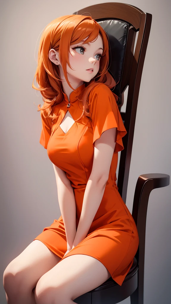 Beautiful Woman Woman Seated Perfect Legs Hands Between Legs Mini Dress In Profile, orange Hair