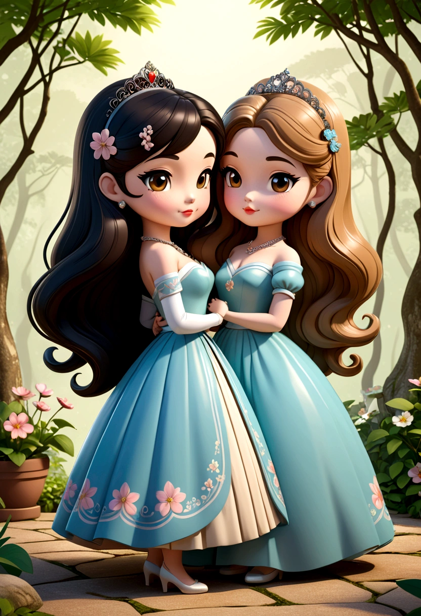 two beautiful curvy chibis in love, a small Asian lady with long flowing black hair and a British princess with light brown hair. Dressed in the style of the 50s. illustration, 3d rendering, photography, realistic, anime, photography, poster