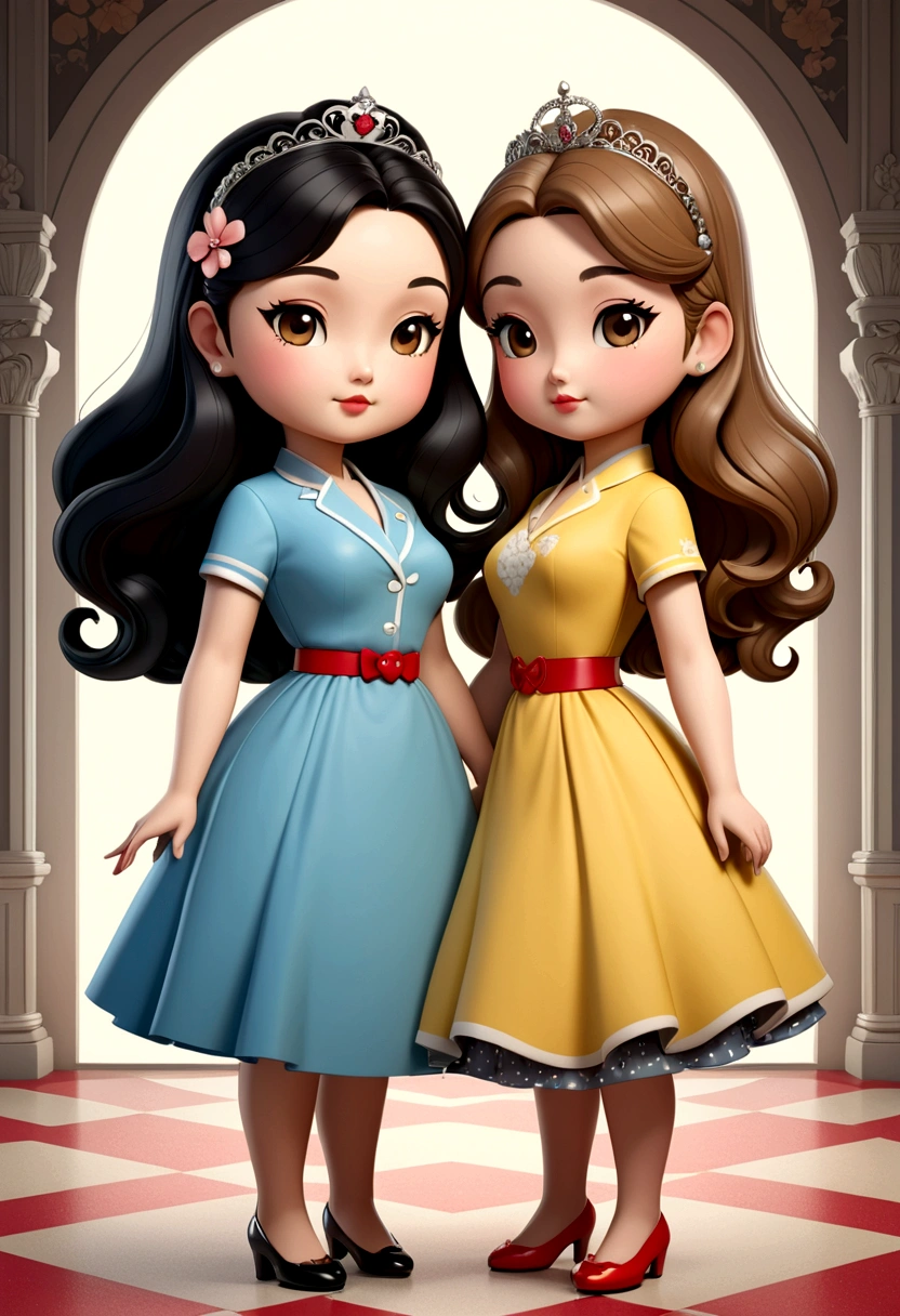 two beautiful curvy chibis in love, a small Asian lady with long flowing black hair and a British princess with light brown hair. Dressed in the style of the 50s. illustration, 3d rendering, photography, realistic, anime, photography, poster