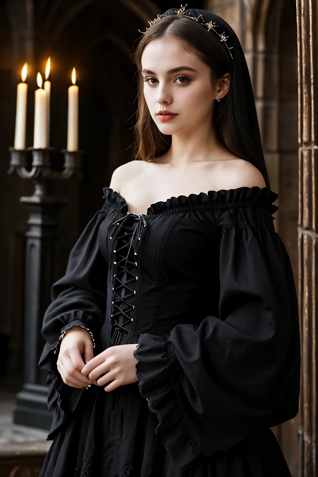 ((best quality)), ((masterpiece)), (detailed), 1girl, off-shoulder gothic clothing, dark chappel, wax candles