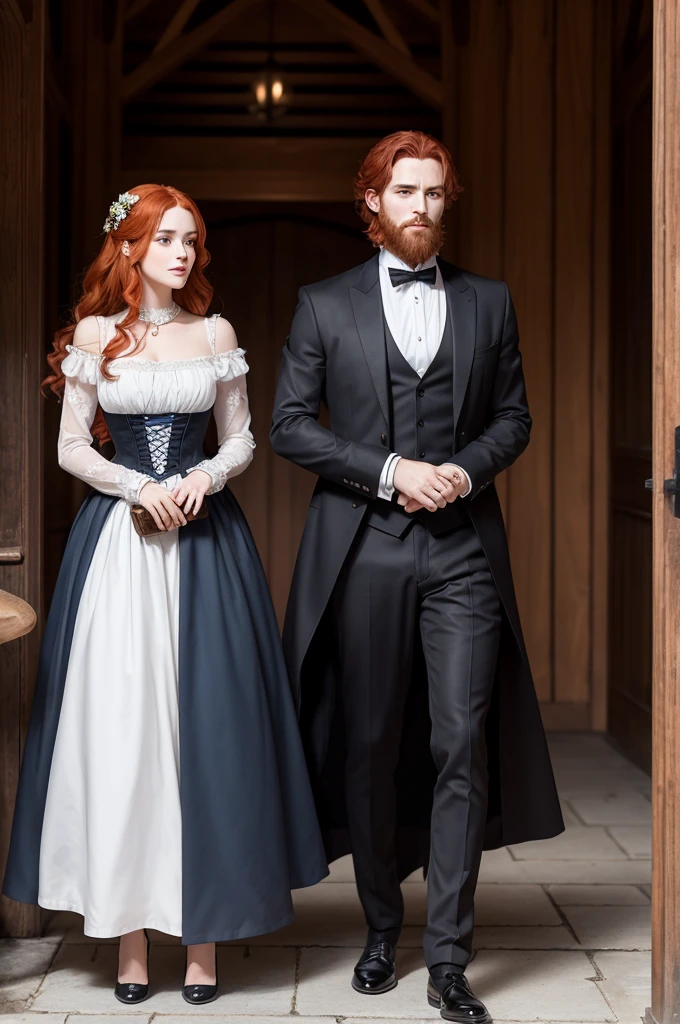 Create 2d drawing style illustration, A couple full body style. The couple is medieval, The woman is a redhead, aged 23, has voluminous red hair and white skin, She wears a blue Victorian dress. The man is 35 years old, slightly tanned skin, black and wavy hair, unshaven beard, he wears a black Victorian suit. They are looking at each other passionately.