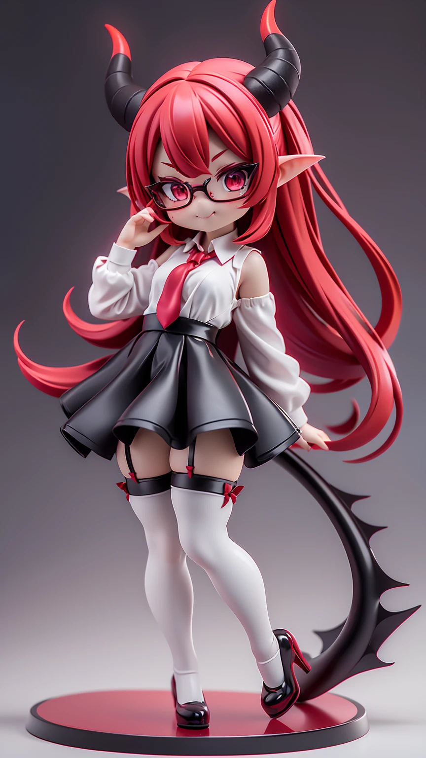 work, best quality, girl, red demon, oni, horns, little devil, ((succubus)), a little scary, seductive flirt, long hair alternative, red-pink hair, bow hair, aqua eyes, glasses, succubus outfit, reviling lingerie, seductive smile, Tongue, black eyes, long eyelashes, young breasts, There is a mole on the chest, White shirt, black skirt, high heeled, shoe, period, hair ribbon, flower ribbon, devil tail with heart, tall, ((stockings opaque:1.4))