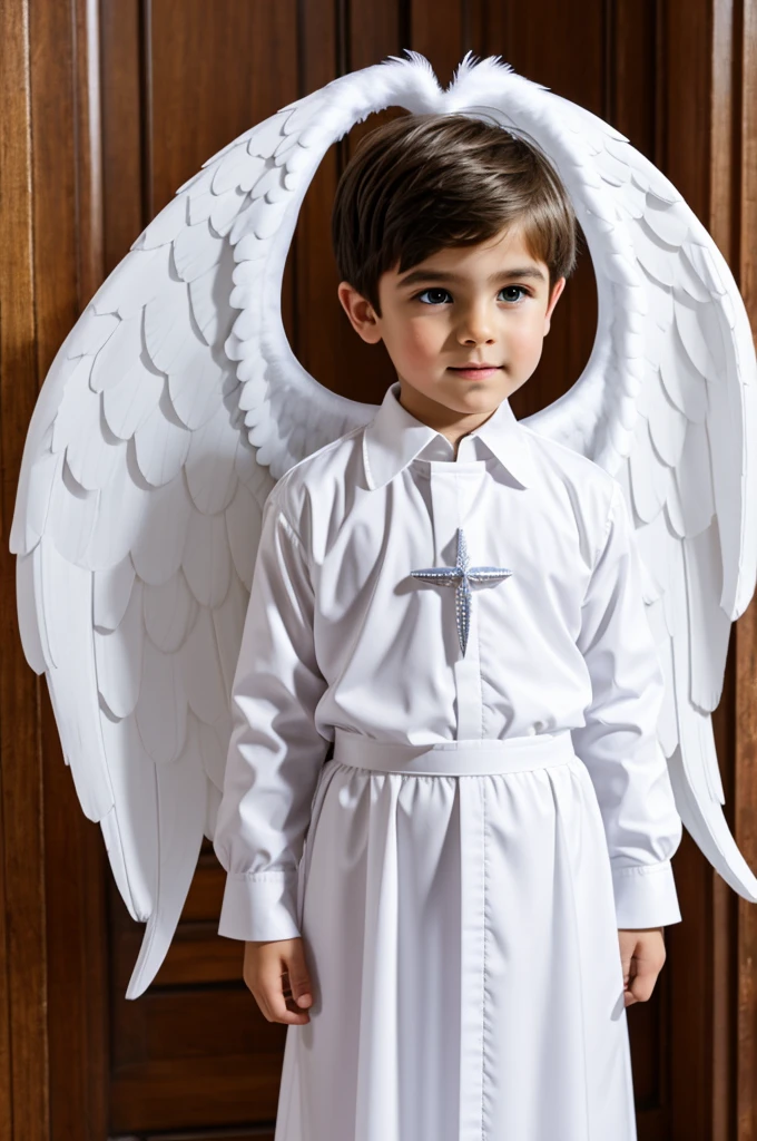 Communion boy dressed in white animated angel wings