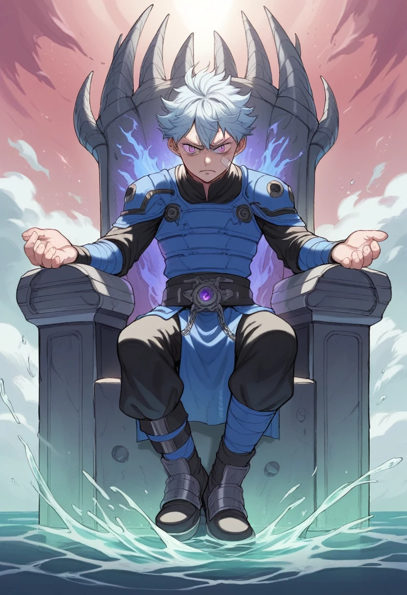  with pale, frosty skin [With messy hair Black with silver blue With bright pink and violet eyes] In the Black Clover anime Galactic Patroller uniform with bandages on the hands ,Sitting on the Dimensional Throne,With Bodyguards In a Dimensional Temple,With Galactic bodyguards, Water with chains from the underworld, mini demonic interdimensional spheres,Dimensional crack in space, Demonic aura
