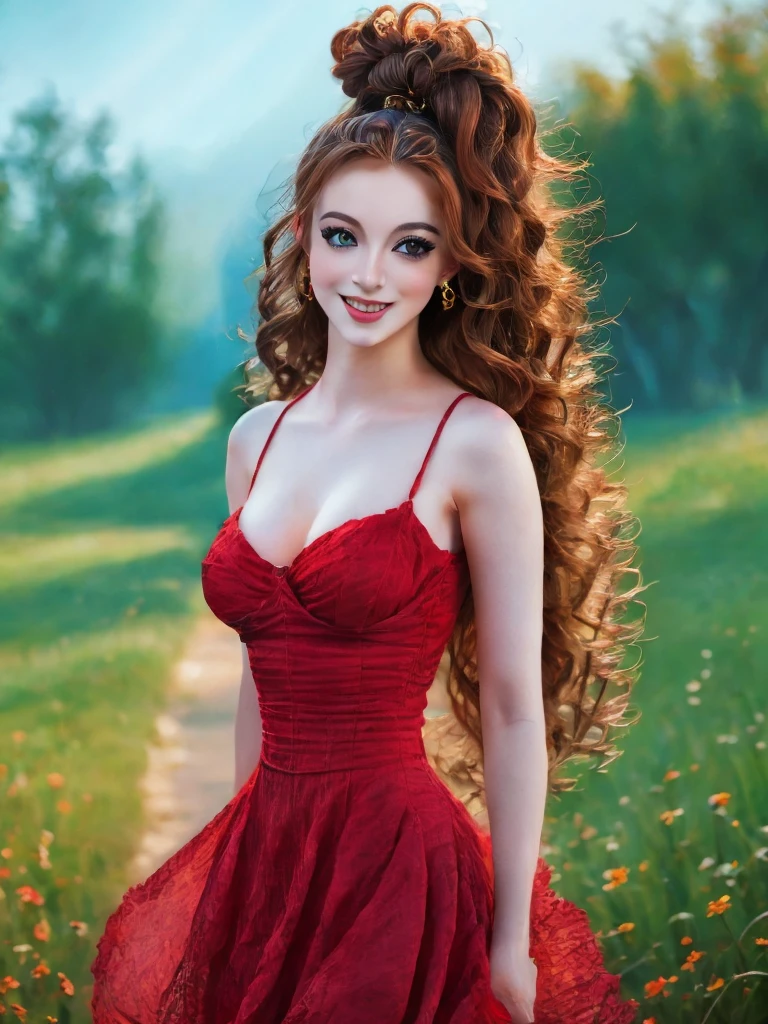 (Best quality, 4K, 8K, A high resolution, Masterpiece:1.2), Ultra-detailed, Realistic portrait of an 18 year old aristocratic girl, Exquisite facial features，Long brown curly hair details expressed, The posture is leisurely and natural，Graceful posture, Dreamy atmosphere, expressive brush strokes, mystical ambiance, Artistic interpretation,Delicately coiled hair，Floral jewelry with exquisite details, Crystal diamond jewelry，Small fresh aesthetics，Stunning intricate costumes, Fantasy illustration, Subtle colors and tones, mystical aura,The details have been upgraded