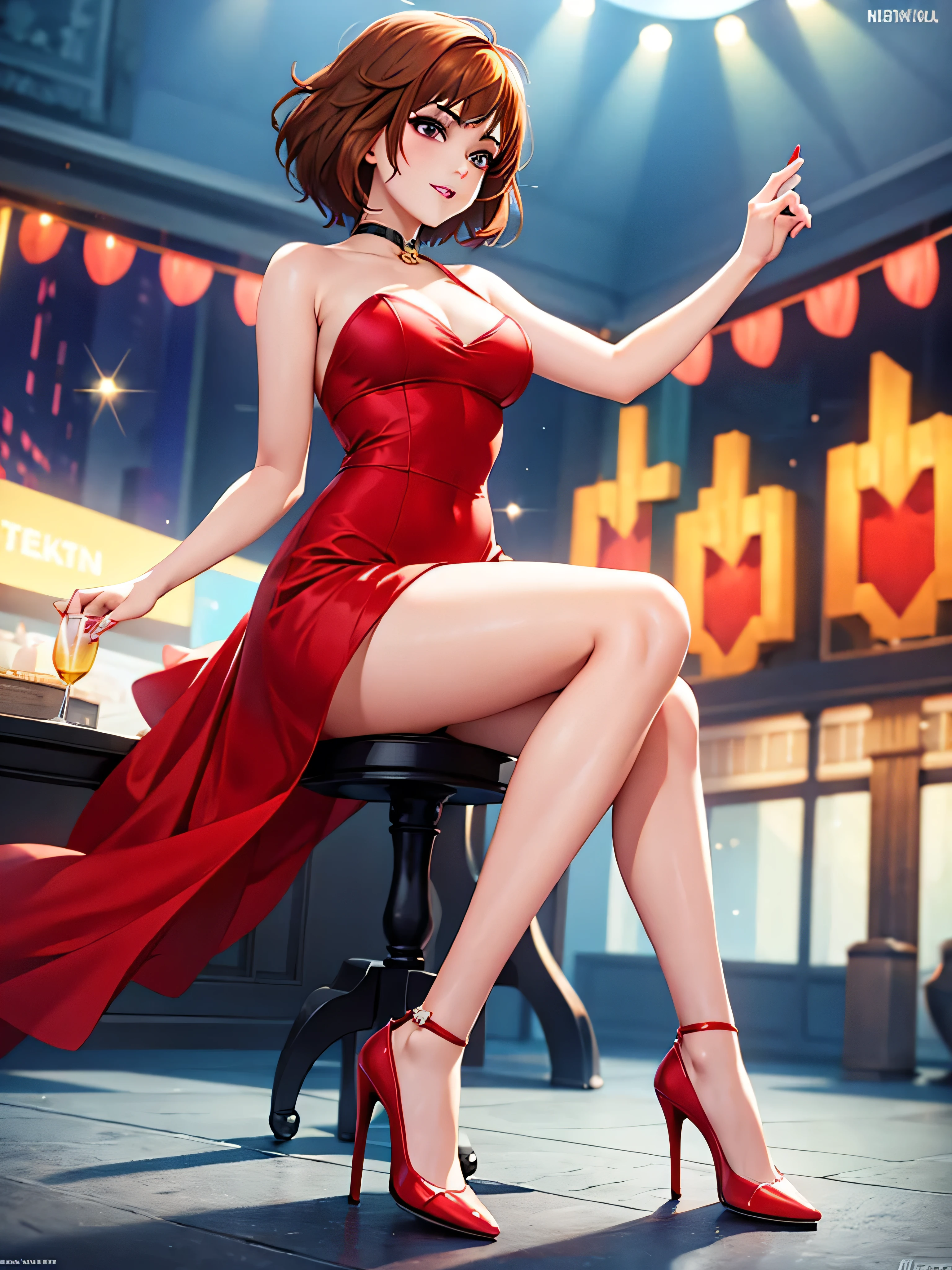 merula, yellow high heels, sexy red labial, tonified legs, red sequin dress, brunette hair, full body, thighs