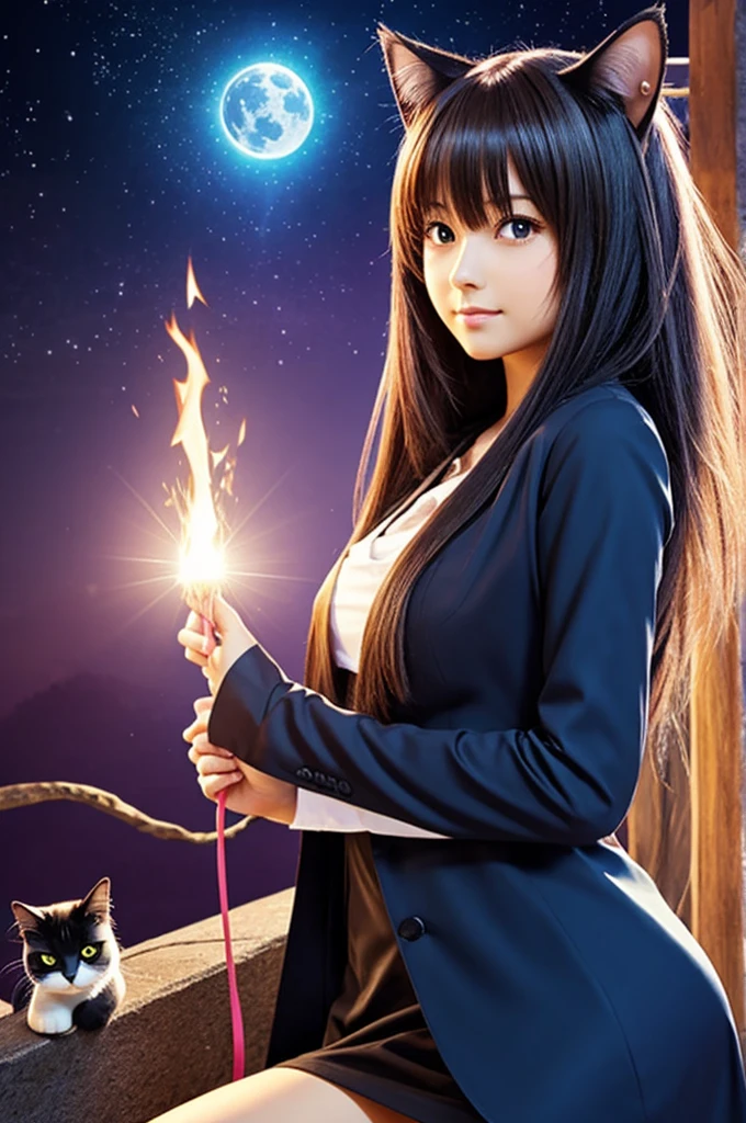 woman anime cat magic