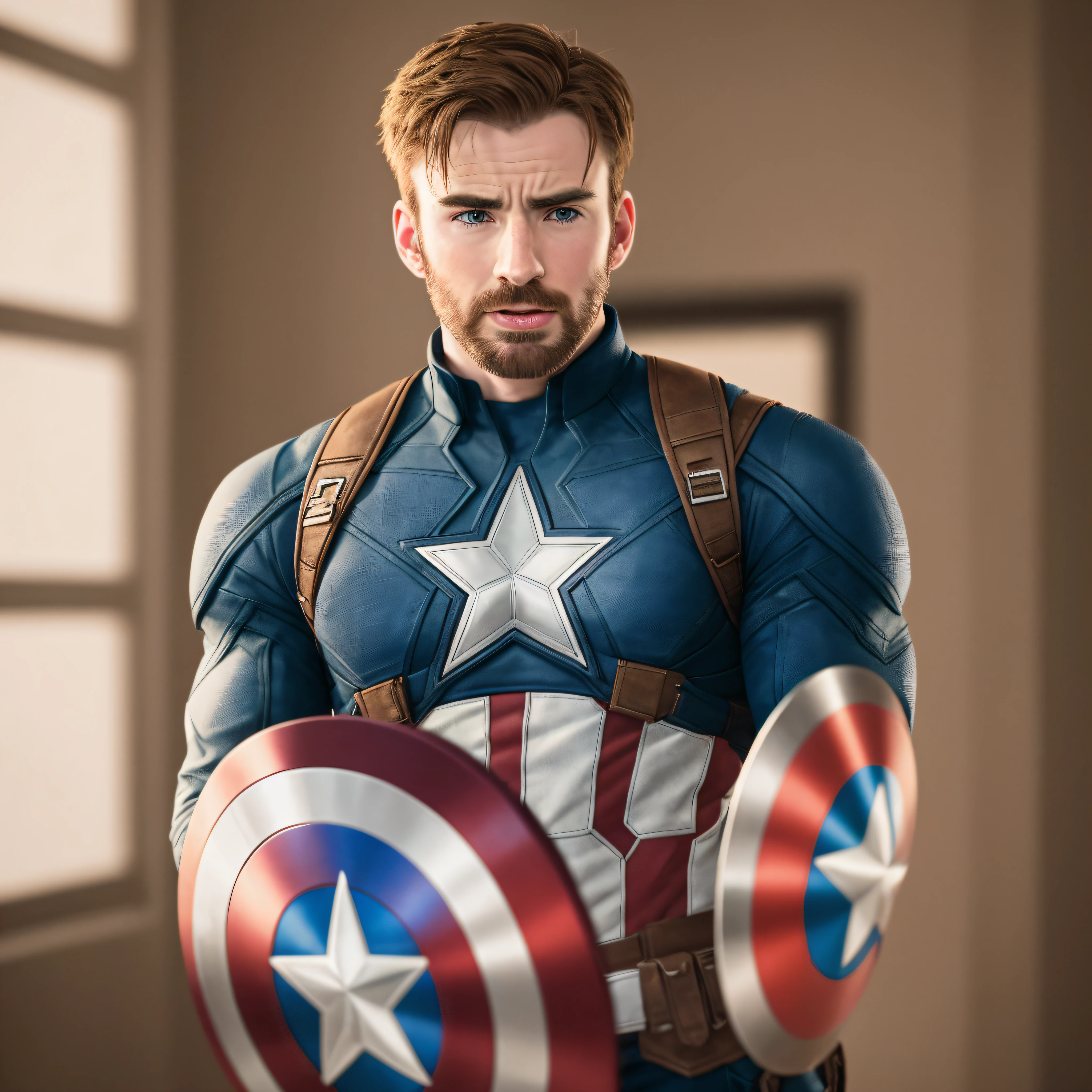 A realistic photo of an avatar of Chris Evans being Captain America., 8k, Severe Low Lighting, high quality, sharp focus, fujifilm XT3 --auto --s2