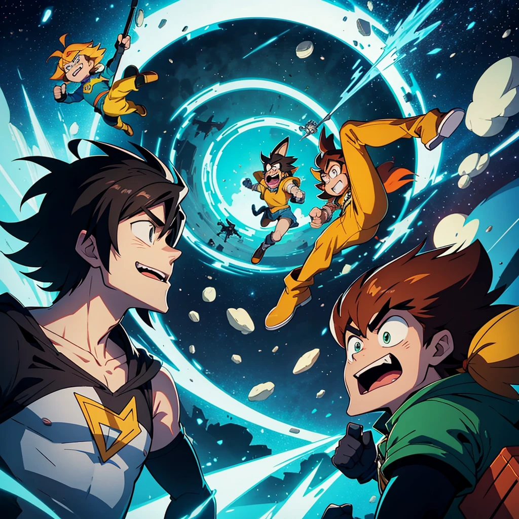 Several cartoon network cartoons from 2008 such as fin jake and mordecaai rigby taking into account that they fight against rich while a meteorite comes in pencil