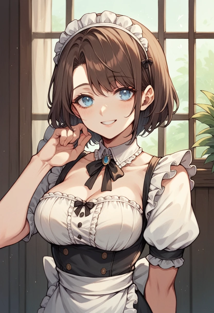 Anime art style, dark brown hair, light blue eyes, pale skin, sexy short MaiD clothes, gentle perverted smile, hoT girl