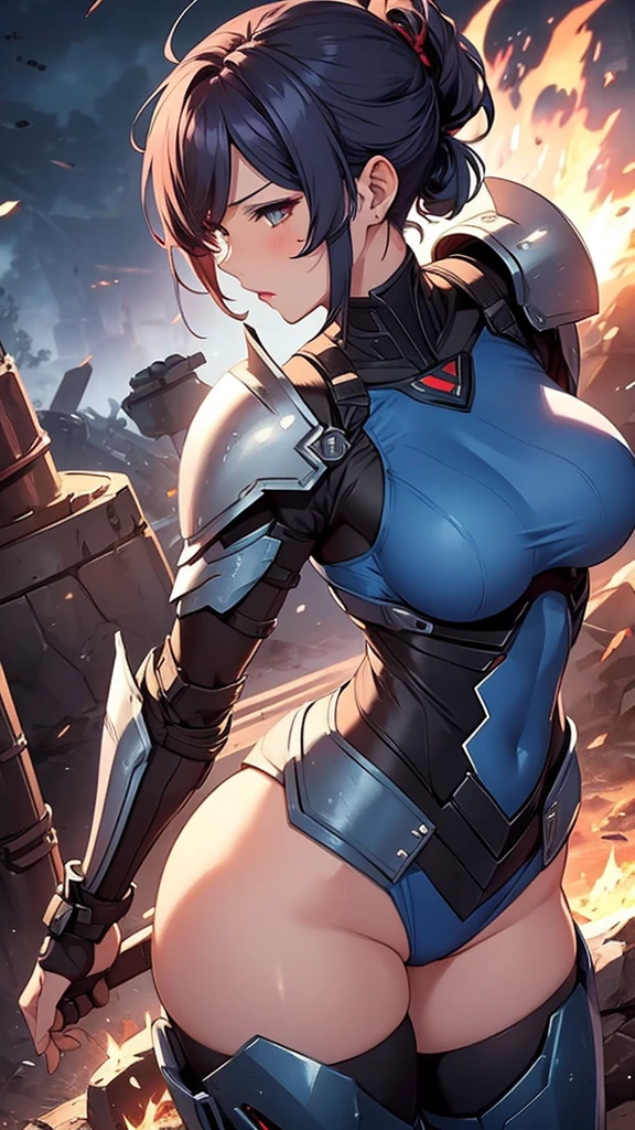 Full body armor shattered，Blue short hair，Sexy，Large Breasts，In battle，Sweat，fire，lipstick，Wave hairstyle，lightning，Mature wife，Big Ass，ponytail hairstyle