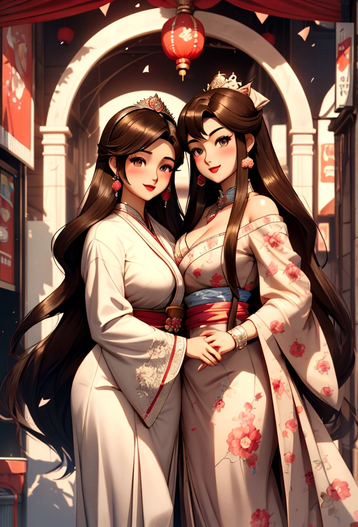 two beautiful curvy chibis in love, a small Asian lady with long flowing black hair and a British princess with light brown hair. Dressed in the style of the 50s. illustration, 3d rendering, photography, realistic, anime, photography, poster