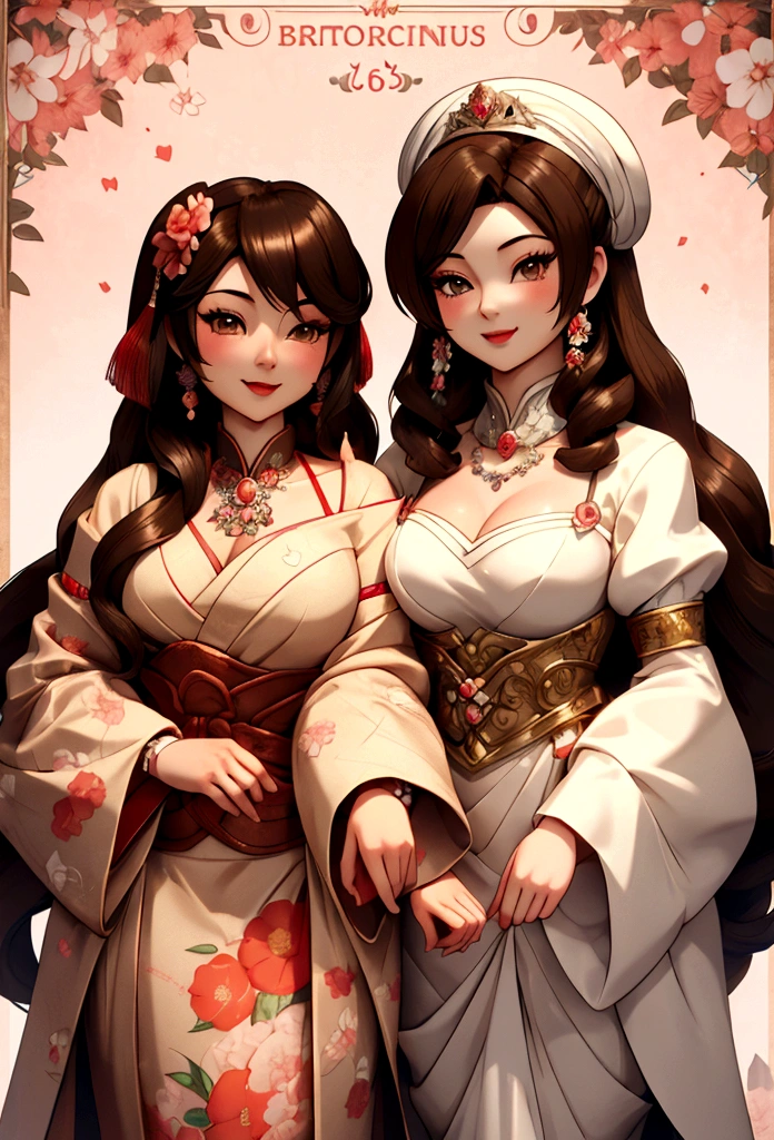 two beautiful curvy chibis in love, a small Asian lady with long flowing black hair and a British princess with light brown hair. Dressed in the style of the 50s. illustration, 3d rendering, photography, realistic, anime, photography, poster