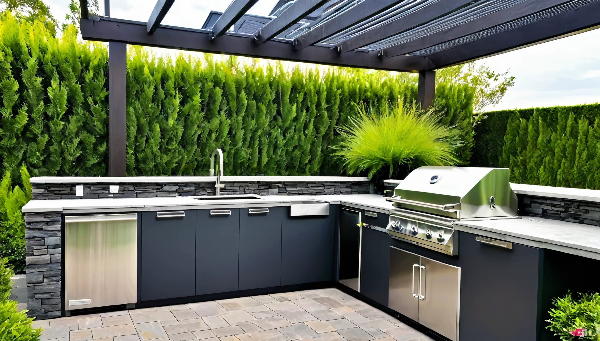 Generate an image of the outdoor space, seamlessly extending the modern marvel's aesthetics. Showcase a futuristic outdoor kitchen, smart landscaping, and entertainment areas that harmonize with nature.