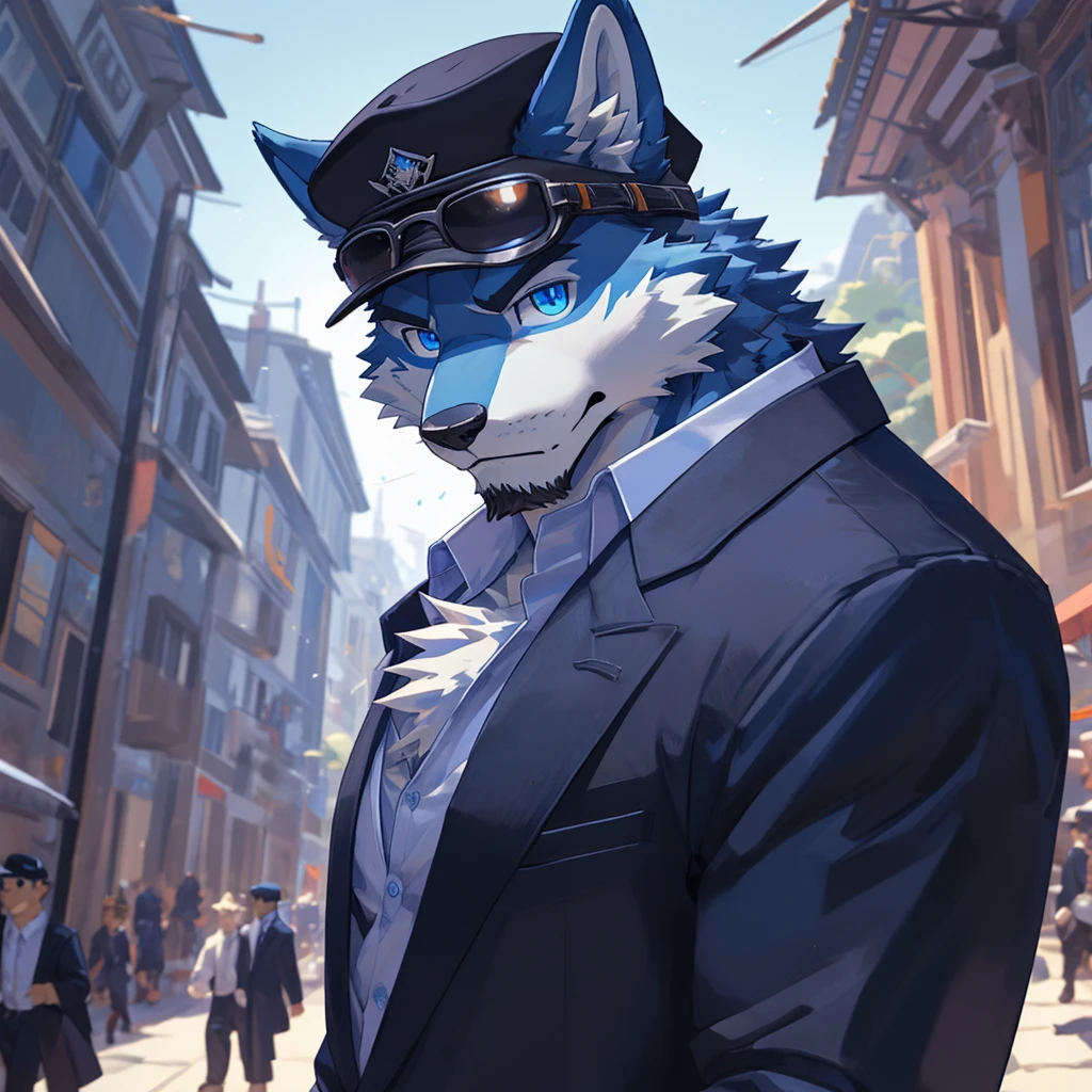 bynamic angle,depth of field, motion blur, absurdres,looking at viewer, (best quality), (masterpiece), (ultra detailed),(detailed eyes),sharp focus,manga,anthro male Blue Wolf,(muscular),Huge Chest , Naked , Wearing black cap , wearing Sunglasses , own pet kitty ,sky blue eyes,handsome