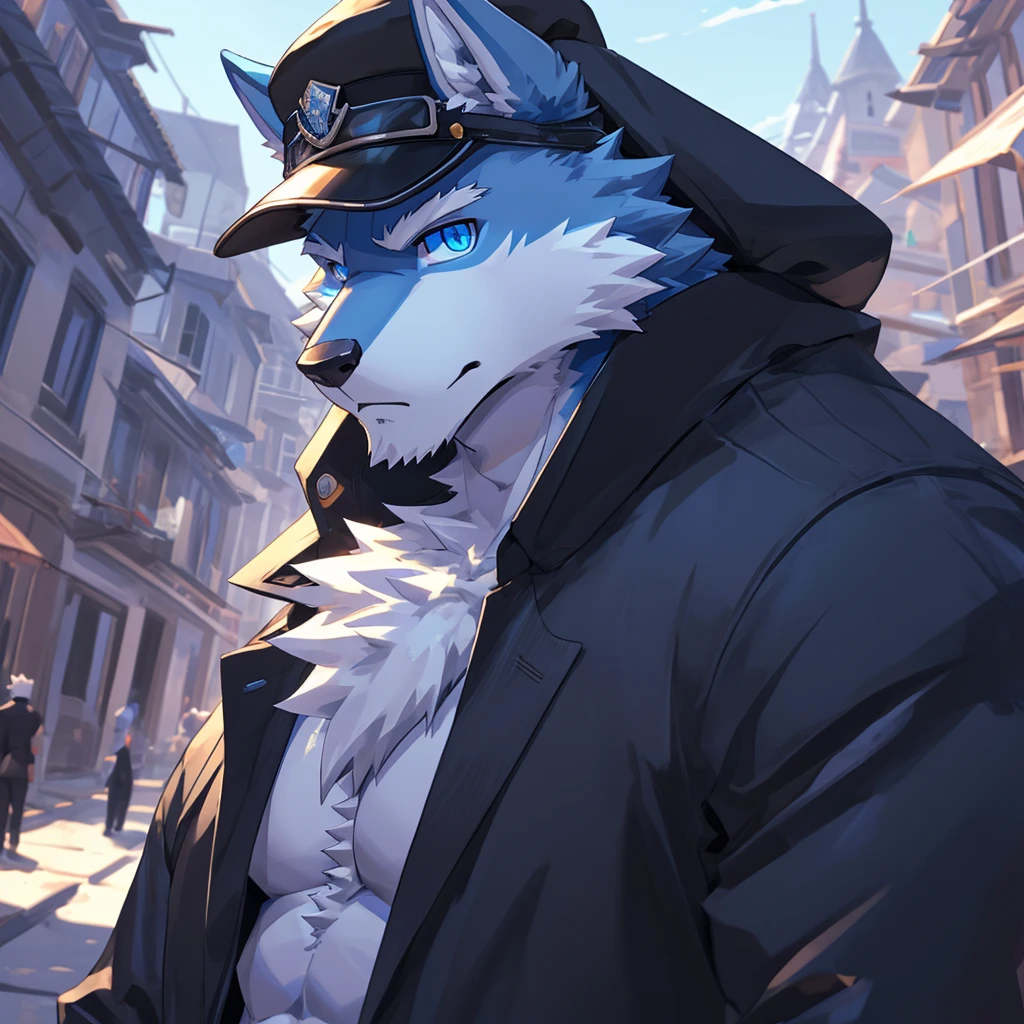 bynamic angle,depth of field, motion blur, absurdres,looking at viewer, (best quality), (masterpiece), (ultra detailed),(detailed eyes),sharp focus,manga,anthro male Blue Wolf,(muscular),Huge Chest , Naked , Wearing black cap , wearing Sunglasses , own pet kitty ,sky blue eyes,handsome