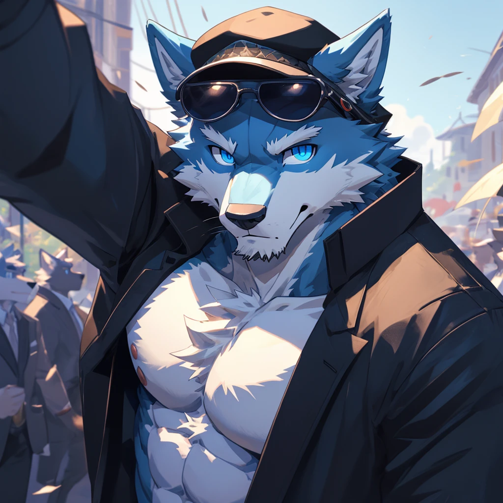 bynamic angle,depth of field, motion blur, absurdres,looking at viewer, (best quality), (masterpiece), (ultra detailed),(detailed eyes),sharp focus,manga,anthro male Blue Wolf,(muscular),Huge Chest , Naked , Wearing black cap , wearing Sunglasses , own pet kitty ,sky blue eyes,handsome