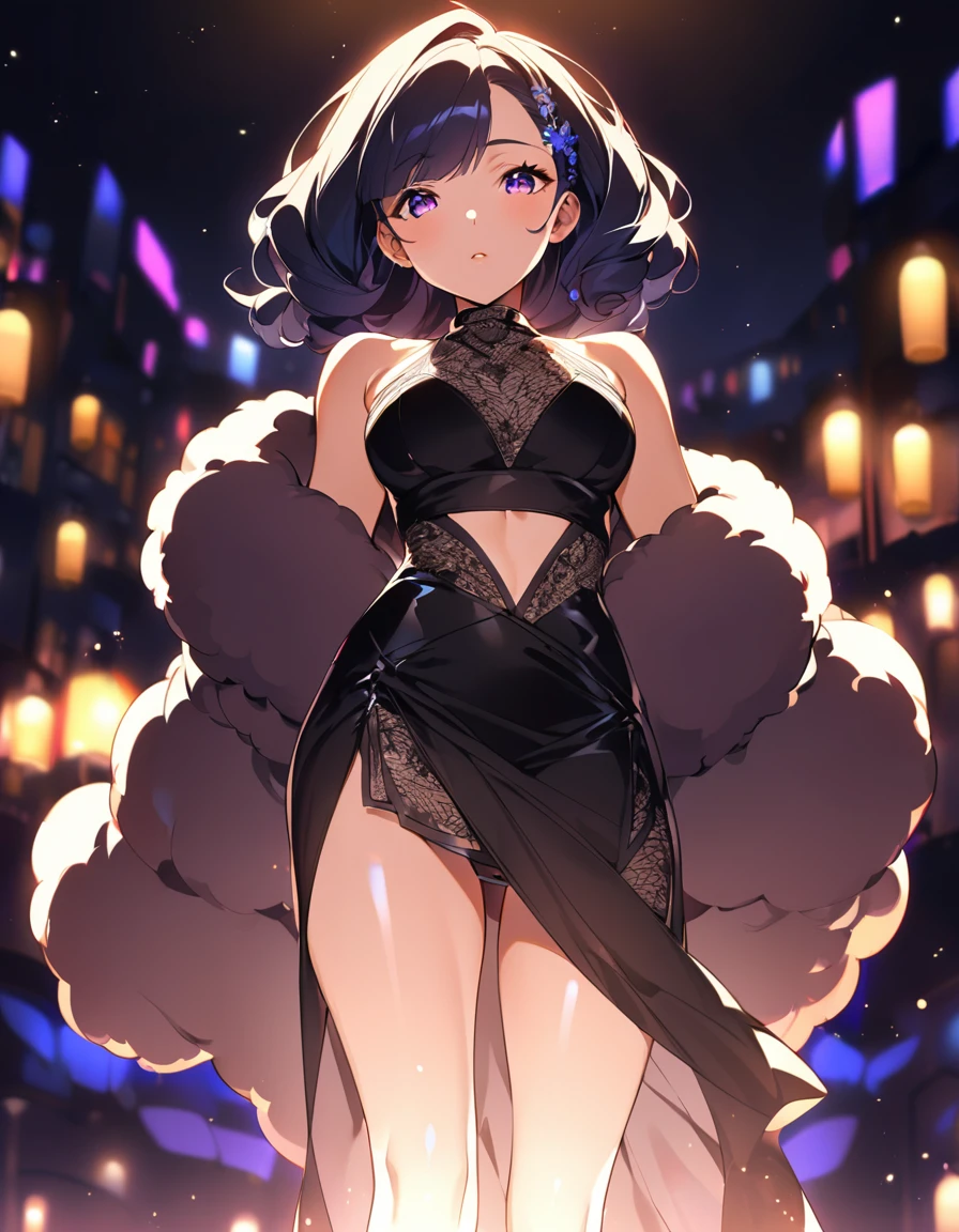 A grown woman, late twenties age, standing up, beautiful, alluring nightlife attire, cozy lighting, cozy background, cellshading style