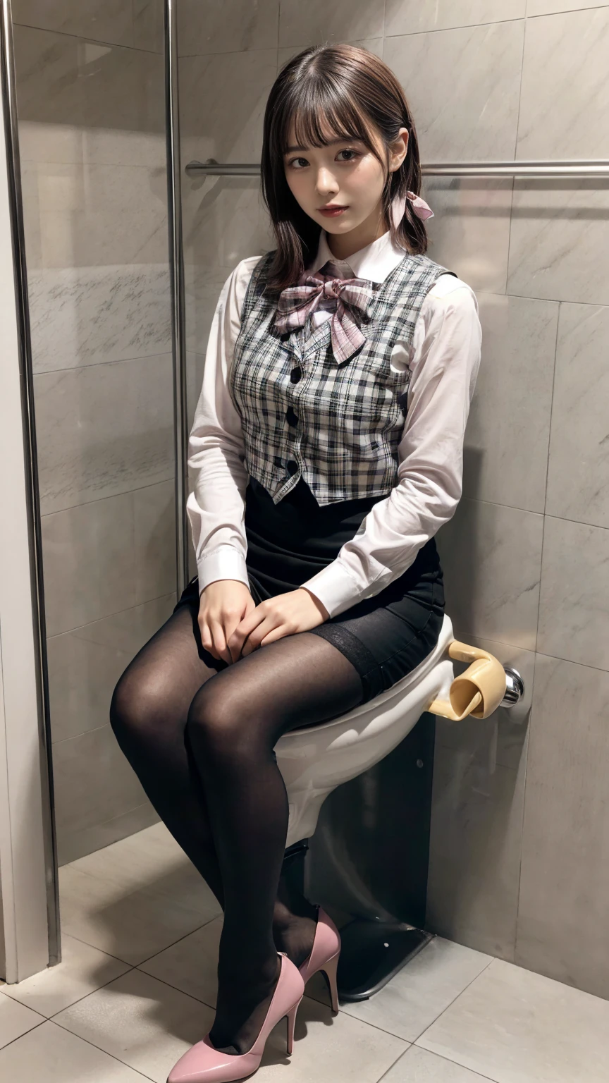 (8K, RAW Photos, Highest quality, masterpiece:1.2), (professional photography, full colors, studio-caliber color grading), (Gravure quality for high-end fashion magazines),  BREAK,18 year old girl, short bob hair, crying a little, Harajuku style, Big Natural Color Lip, (Plumpy body:1.2), (smooth skin:1.1), (huge breasts:1.2),  BREAK (white and gray theme:1.3), (wearing a [[white and gray plaid pattern]] vest over a long sleeve white collared-shirt:1.4), (buttoned gray vest:1.2),
BREAK (pink theme:1.2), (pink ribbon bow:1.3),
BREAK (black theme:1.4 (tight black pencil skirt:1.5 (pantyhose:1.3 (high heels:1.1 BREAK (Toilet cubicles:1.2 (urinal)