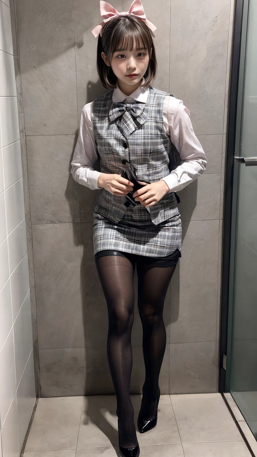 (8K, RAW Photos, Highest quality, masterpiece:1.2), (professional photography, full colors, studio-caliber color grading), (Gravure quality for high-end fashion magazines),  BREAK,18 year old girl, short bob hair, crying a little, Harajuku style, Big Natural Color Lip, (Plumpy body:1.2), (smooth skin:1.1), (huge breasts:1.2),  BREAK (white and gray theme:1.3), (wearing a [[white and gray plaid pattern]] vest over a long sleeve white collared-shirt:1.4), (buttoned gray vest:1.2),
BREAK (pink theme:1.2), (pink ribbon bow:1.3),
BREAK (black theme:1.4 (tight black pencil skirt:1.5 (pantyhose:1.3 (high heels:1.1 BREAK (Toilet cubicles:1.2 (urinal)