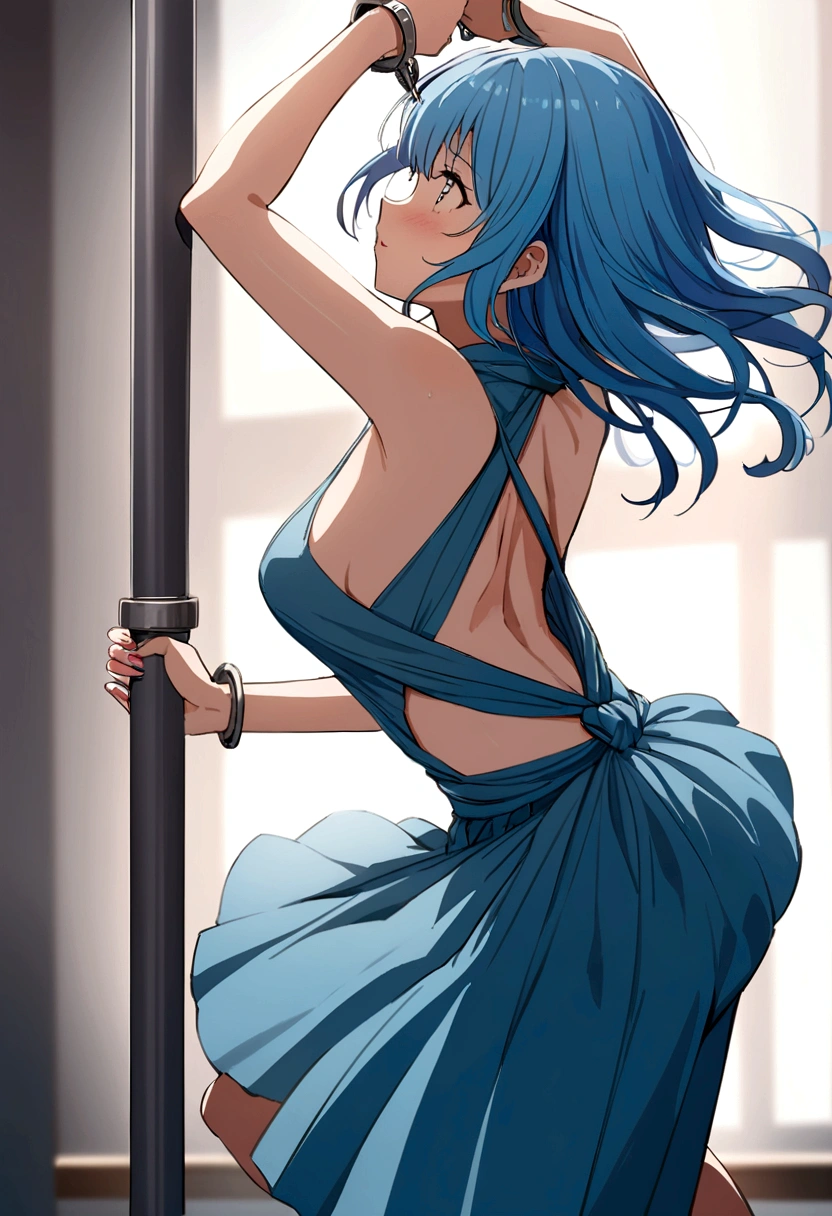 CI anime thin with blue hair on her back dancing on a pole, the girl's hands are tied to the pole with police handcuffs