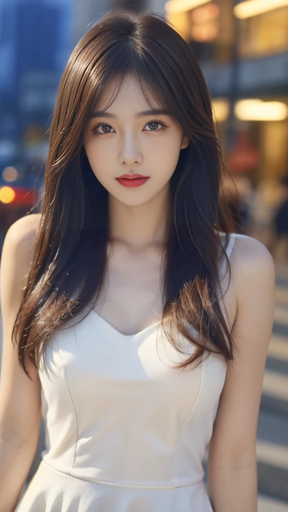 ((realistic lighting, best quality, 8K, masterpiece: 1.3)), Concentrate upon: 1.2, 1 woman, perfect look: 1.4, slim abs: 1.1, ((dark brown hair)), (white dress: 1.4), (outdoor, night: 1.1), city street, super fine face, good eyes, double eyelid,