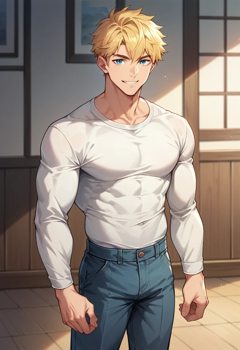 score_9, score_8_up, score_7_up, score_6_up, 1boy, solo, straight hair, short hair, blonde hair, blue eyes, muscular, white shirt, long sleeves, pants, indoors, standing, looking at viewer, smile