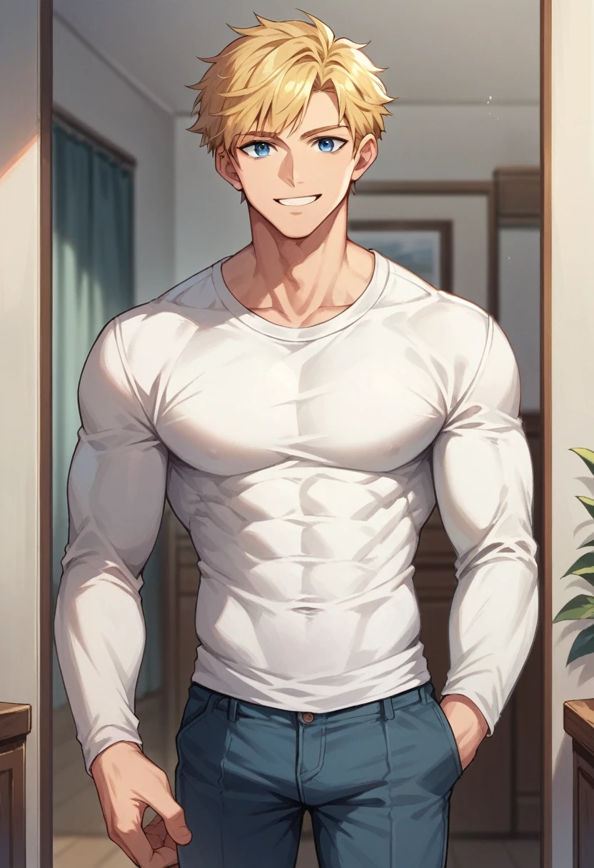 score_9, score_8_up, score_7_up, score_6_up, 1boy, solo, straight hair, short hair, blonde hair, blue eyes, muscular, white shirt, long sleeves, pants, indoors, standing, looking at viewer, smile