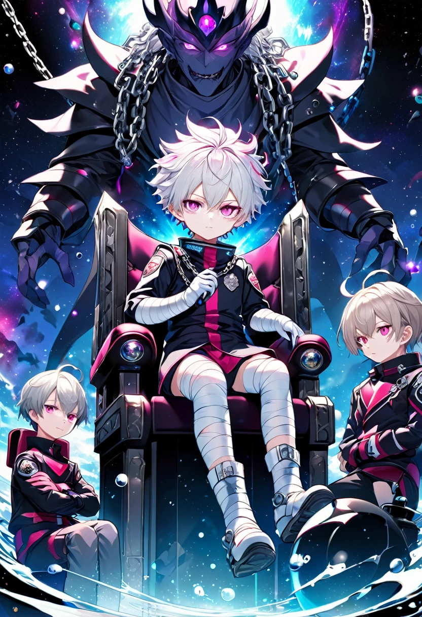  boy with pale icy skin [With messy hair Black with silver blue With bright pink and violet eyes] In the Black Clover anime Galactic Patroller uniform with bandages on the hands ,Sitting on the Dimensional Throne,With Bodyguards In a Dimensional Temple,With Galactic bodyguards, Water with chains from the underworld, mini demonic interdimensional spheres,Dimensional crack in space, Demonic aura