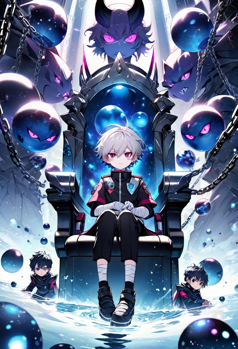 10 year old boy with pale icy skin [With messy hair Black with silver blue With bright pink and violet eyes] In the Black Clover anime Galactic Patroller uniform with bandages on the hands ,Sitting on the Dimensional Throne,With Bodyguards In a Dimensional Temple,With Galactic bodyguards, Water with chains from the underworld, mini demonic interdimensional spheres,Dimensional crack in space, Demonic aura