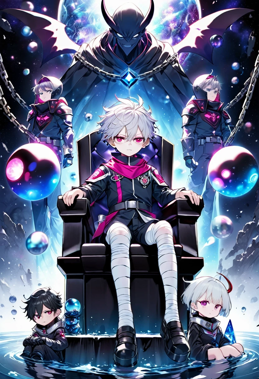 10 year old boy with pale icy skin [With messy hair Black with silver blue With bright pink and violet eyes] In the Black Clover anime Galactic Patroller uniform with bandages on the hands ,Sitting on the Dimensional Throne,With Bodyguards In a Dimensional Temple,With Galactic bodyguards, Water with chains from the underworld, mini demonic interdimensional spheres,Dimensional crack in space, Demonic aura