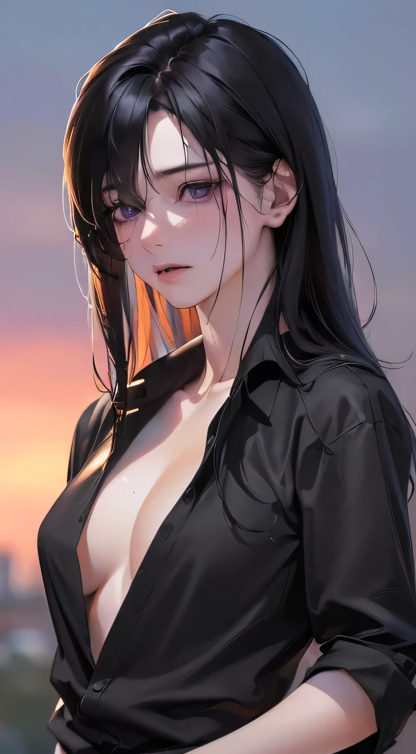 (Best quality,4K,8 k,A high resolution,masterpiece:1.2),ultra detailed,(realistic,photorealistic,photo-realistic:1.37), depressed anime man, pure black hair, Deep purple eyes, wear a black shirt, dead eyes, emotionless, dark shadows, it's raining in the background, wet streets, atmosphere, urban setting, reflections on the sidewalk, Unsaturated colors, Faint neon lights, Мрачная atmosphere, Beautiful