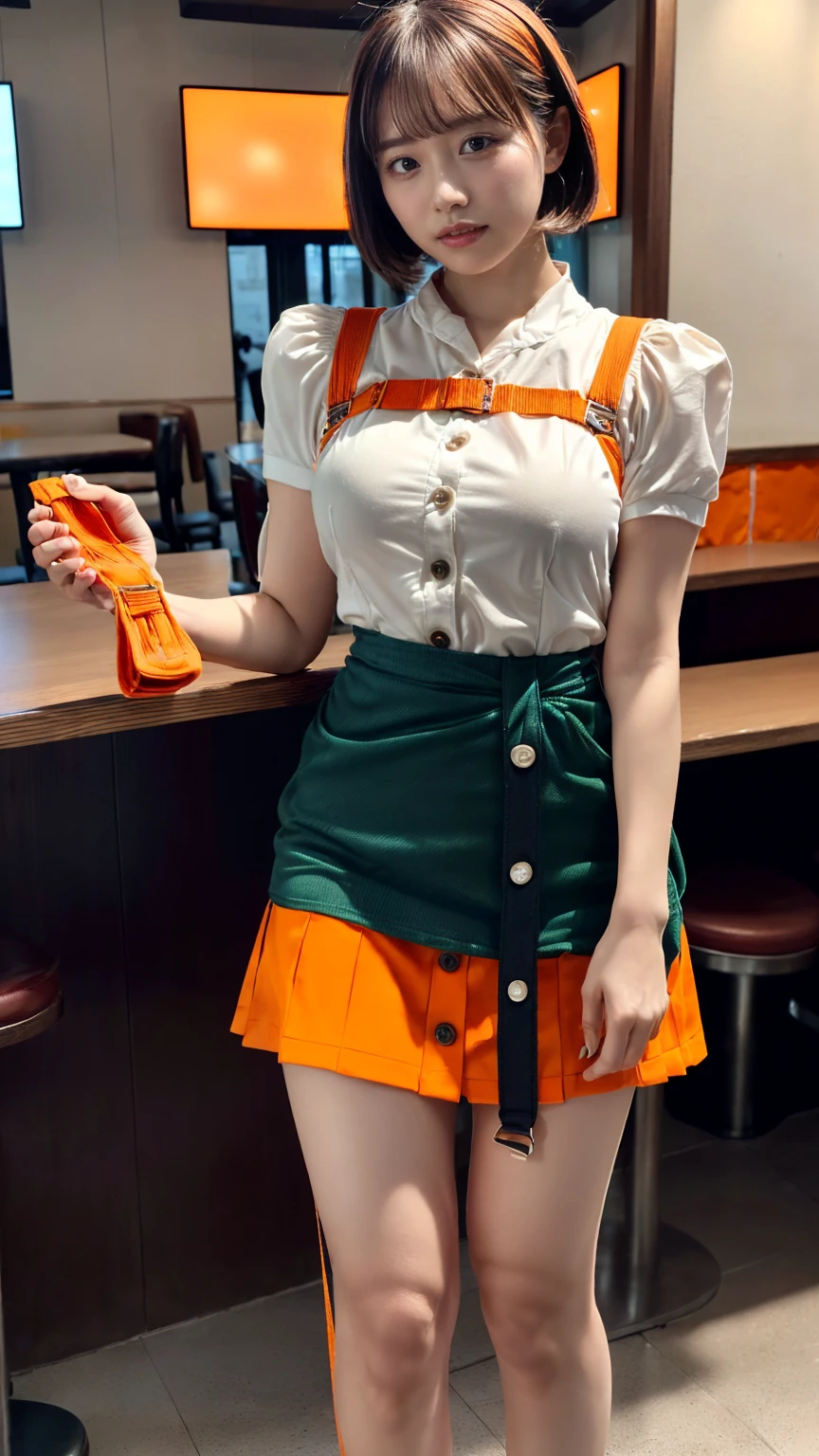 (8K, RAW Photos, Highest quality, masterpiece:1.2), (professional photography, full colors, studio-caliber color grading), (Gravure quality for high-end fashion magazines),  BREAK,18 year old girl, short bob hair, crying a little, Harajuku style, Big Natural Color Lip, (Plumpy body:1.2 (smooth skin:1.1 (huge breasts:1.0  BREAK ((orange, tangerine) and white theme:1.4 (family restaurant waitress uniform:1.2 (wearing an (orange high waist jumper skirt, orange layered waist apron with orange shoulder straps) over a (white blouse with white buttons):1.4 (emphasize under boobs:1.5 (fusion of bouffant sleeve and short sleeve:1.3 (button up:1 (wearing a orange shoulder straps over a white blouse:1 ((bare arms, bare legs):1 (pumps:1.1