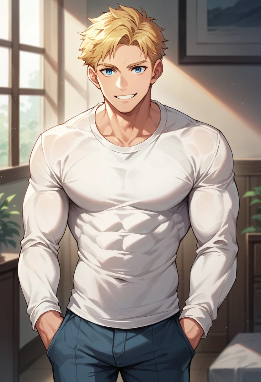 score_9, score_8_up, score_7_up, score_6_up, 1boy, solo, straight hair, short hair, blonde hair, blue eyes, muscular, white shirt, long sleeves, pants, indoors, standing, looking at viewer, smile