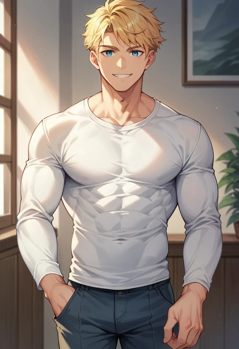 score_9, score_8_up, score_7_up, score_6_up, 1boy, solo, straight hair, short hair, blonde hair, blue eyes, muscular, white shirt, long sleeves, pants, indoors, standing, looking at viewer, smile