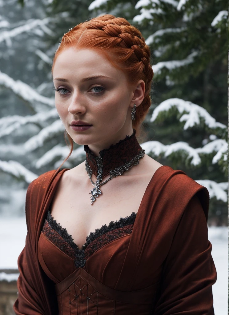 Face of Sophie Turner, Sansa Stark played by Sophie Turner, the de facto Lady of the Eyrie, is a 40-year-old mature queen with a stunning, alluring appearance. Full Face, pierced eyes, reddish lips, upper body shot, erotic Mediaeval costumes, game of thrones costumes, She wears a Game of Thrones-inspired costume and has a deep cleavage, a perfect thick body, and a perfect thick figure. The photograph captures her in a close-up, with her skin texture and facial features being ultra-realistic and realistic. Juicy thick figure, high quality skin, Skin pores, amazing details, snow, snow flakes, semi realistic, extremely detailed eyes, dark moody orange and black settings, cool environment, artificial intelligence