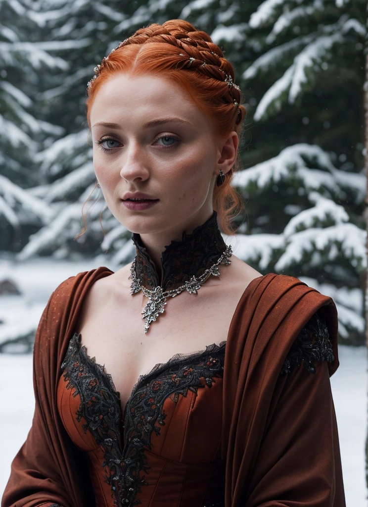 Face of Sophie Turner, Sansa Stark played by Sophie Turner, the de facto Lady of the Eyrie, is a 40-year-old mature queen with a stunning, alluring appearance. Full Face, pierced eyes, reddish lips, upper body shot, erotic Mediaeval costumes, game of thrones costumes, She wears a Game of Thrones-inspired costume and has a deep cleavage, a perfect thick body, and a perfect thick figure. The photograph captures her in a close-up, with her skin texture and facial features being ultra-realistic and realistic. Juicy thick figure, high quality skin, Skin pores, amazing details, snow, snow flakes, semi realistic, extremely detailed eyes, dark moody orange and black settings, cool environment, artificial intelligence