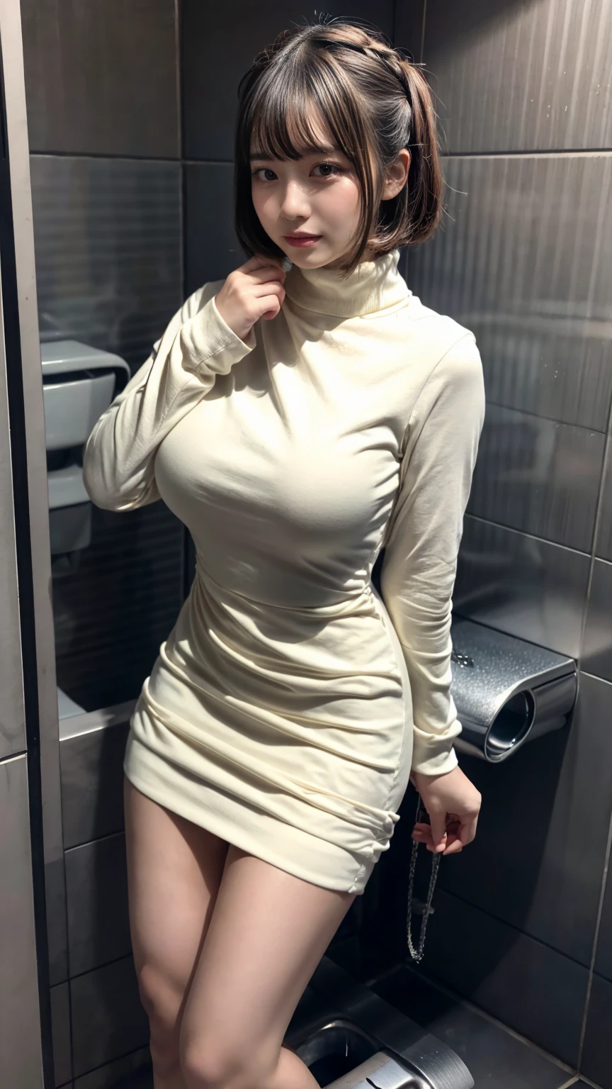 (8K, RAW Photos, Highest quality, masterpiece:1.2), (professional photography, full colors, studio-caliber color grading), (Gravure quality for high-end fashion magazines), BREAK,18 year old girl, short bob hair, crying a little, Harajuku style, Big Natural Color Lip, (Plumpy body:1.2 (smooth skin:1.1 huge breasts, BREAK white long sleeve dress, BREAK (Toilet cubicles:1.2 (urinal)